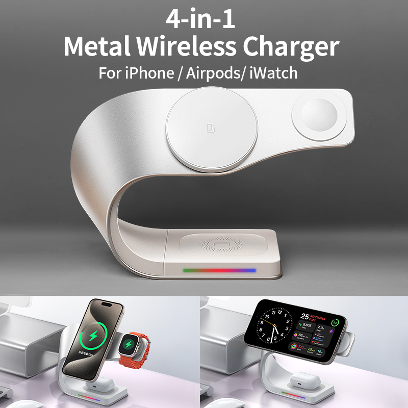 Smartwatch Apple Watch - メタルシェル4in1ワイヤレス充電器 iPhone 16/15/14/13/12対応 磁気急速充電ステーションスタンドドック Apple Airpods/Watch用