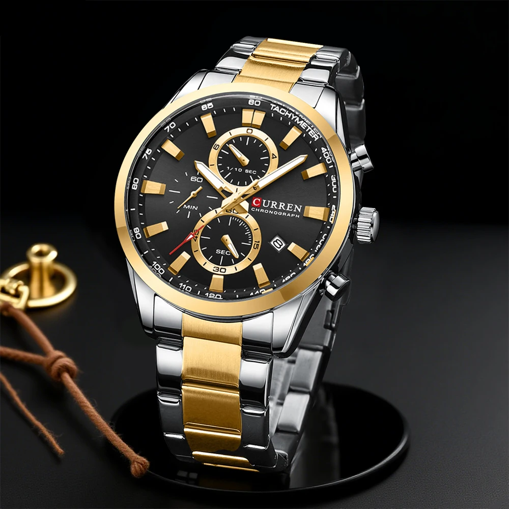 Chronograph Sport Watch - カレンカジュアルクォーツクロノスポーツ腕時計ブランド男性用ステンレススチールブレスレット多機能ダイヤル 2023 腕時計日付付き