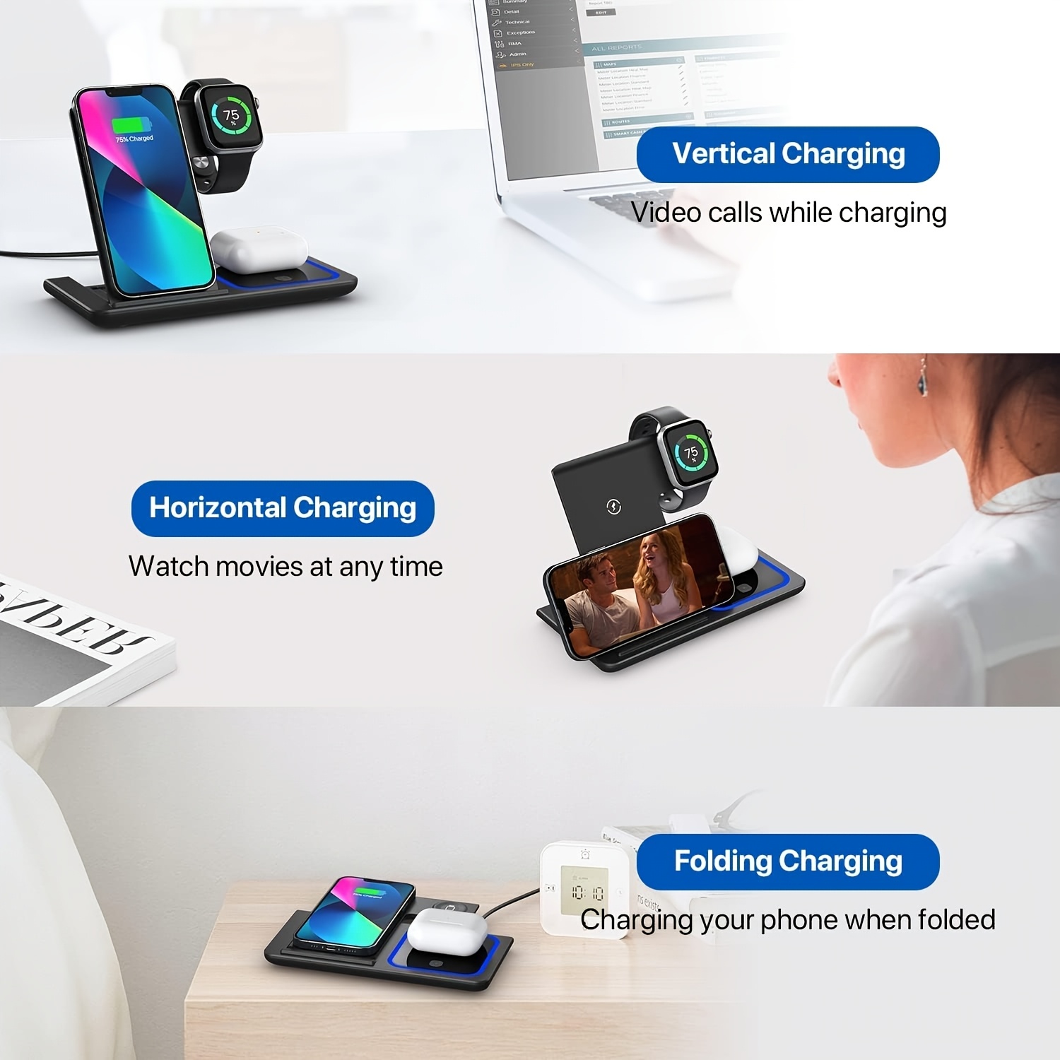 3-in-1ワイヤレス充電スタンド、折りたたみ式急速充電ベー - Smartwatch Apple Watch のレビューと価格